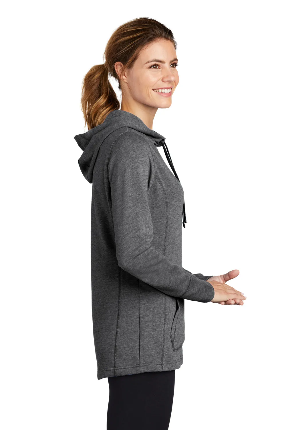 Sport-Tek Damen Feuchtigkeitstransportierender Fleece Kapuzenpullover mit Kangaroo-Tasche - Heather Dunkelgrau