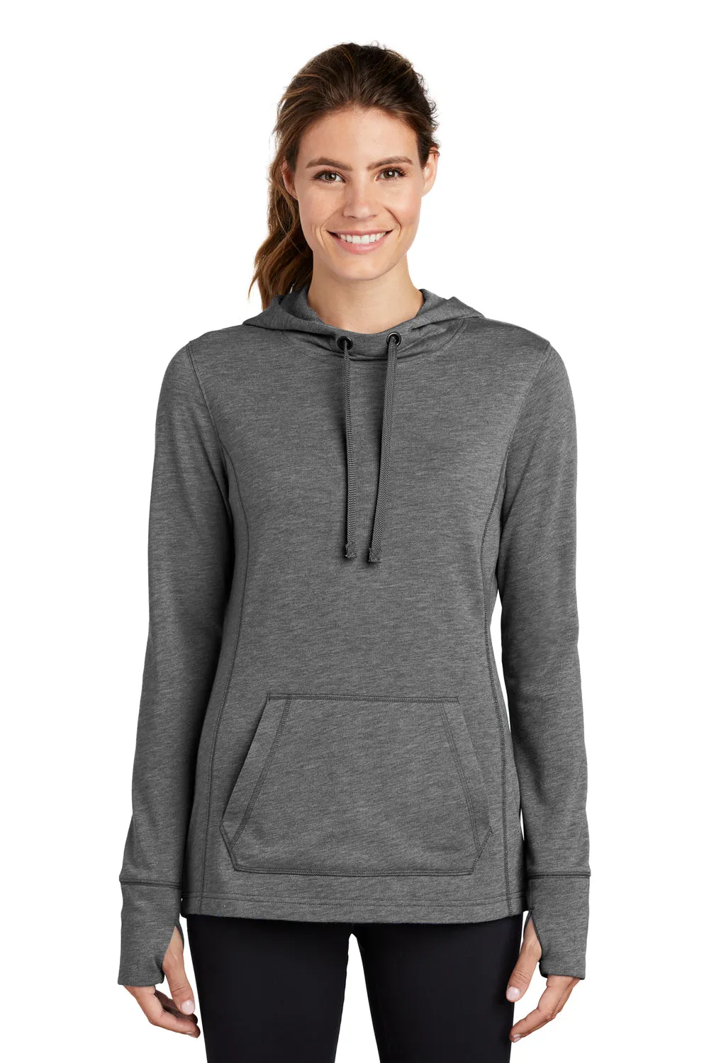 Sport-Tek Damen Feuchtigkeitstransportierender Fleece Kapuzenpullover mit Kangaroo-Tasche - Heather Dunkelgrau