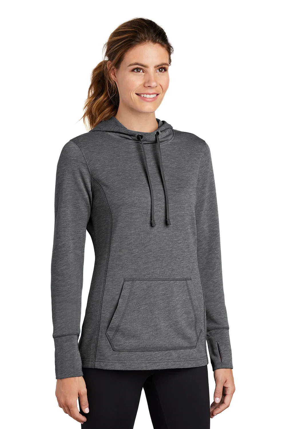 Sport-Tek Damen Feuchtigkeitstransportierender Fleece Kapuzenpullover mit Kangaroo-Tasche - Heather Dunkelgrau