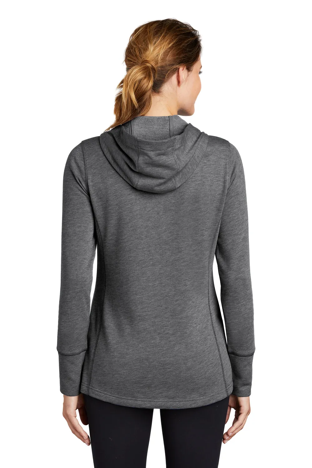 Sport-Tek Damen Feuchtigkeitstransportierender Fleece Kapuzenpullover mit Kangaroo-Tasche - Heather Dunkelgrau