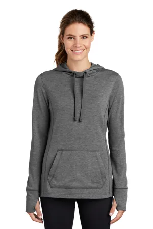 Sport-Tek Damen Feuchtigkeitstransportierender Fleece Kapuzenpullover mit Kangaroo-Tasche - Heather Dunkelgrau