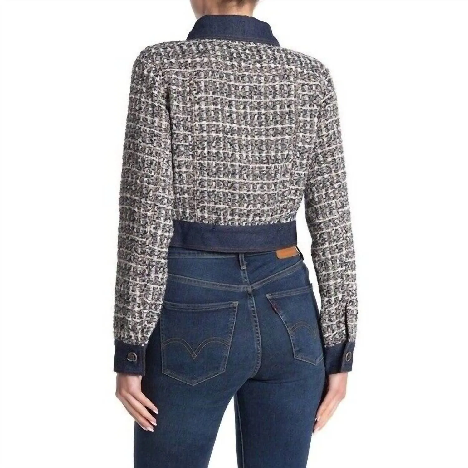 Tweed Glitzer Kontrast Denim Crop Jacket in Blau