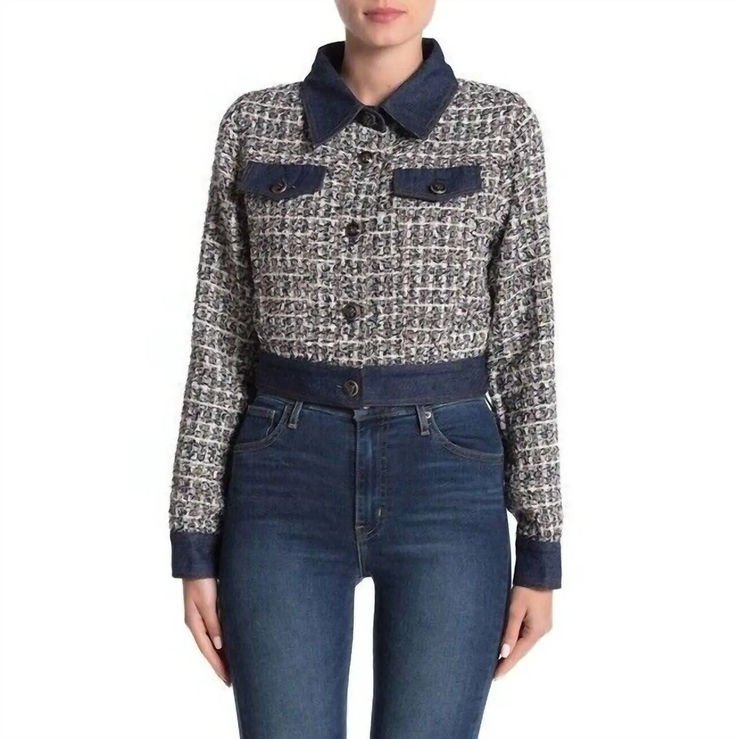Tweed Glitzer Kontrast Denim Crop Jacket in Blau