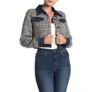 Tweed Glitzer Kontrast Denim Crop Jacket in Blau