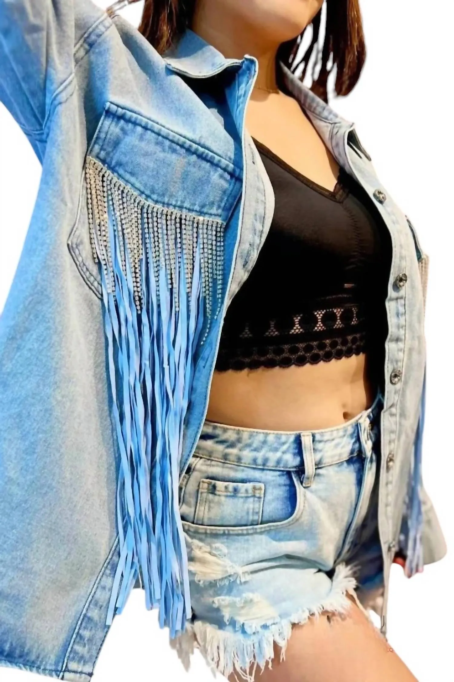 Tyra Double-Fransen Denim Shacket in Hellwasch-Denim
