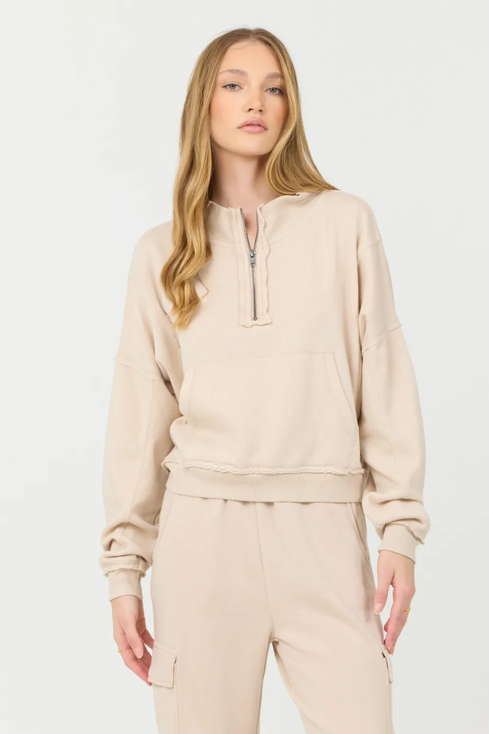 Vanillecreme Kaschmir-Fleece Viertelreißverschluss