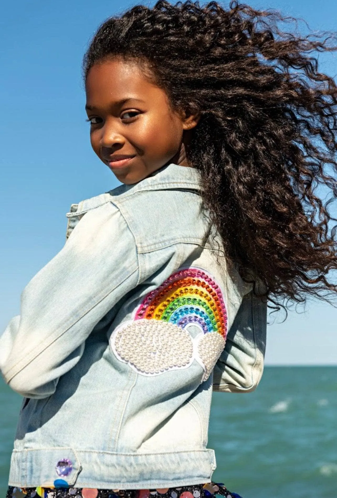 Damen Regenbogen-Perlen-Denim-Jacke
