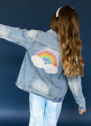 Damen Regenbogen-Perlen-Denim-Jacke